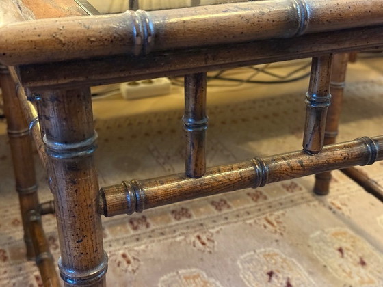Walnut wood side table with glass top in colonial style, Brown, Vintage (photo 3 of 6)
