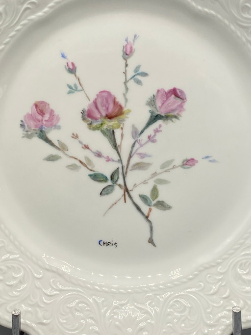 Piatto in porcellana di Limoges, bouquet di rose dipinto a mano, firmato Chris – decoratieve objecten (photo 2 of 4)
