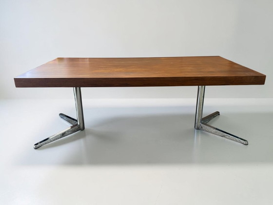 Image 1 of Groot vintage directiebureau in de stijl van Florence Knoll – 200 cm x 100 cm, walnoot en chroom