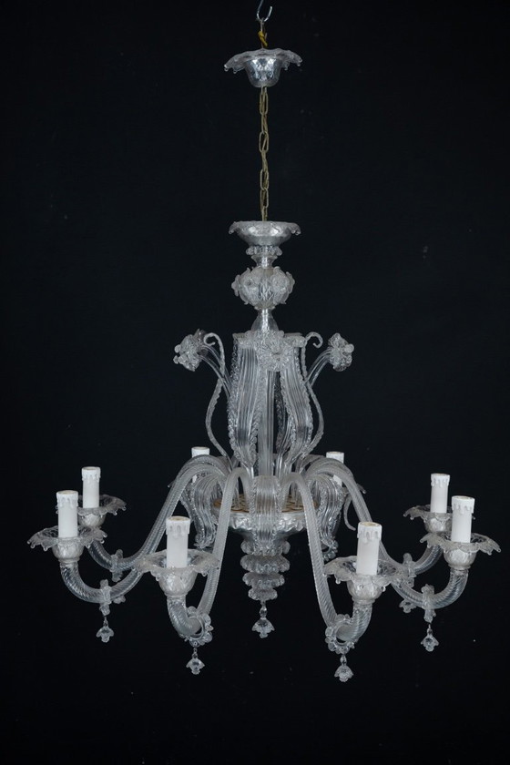 Image 1 of Vintage kroonluchter van helder Murano-glas uit de jaren 1940, een klassiek Italiaans kunstglas.