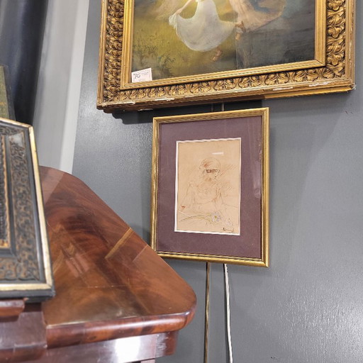 Disegno su carta "Ritratto femminile con margherita", firmato Boiscel, Art Nouveau, circa 1900 - Francia