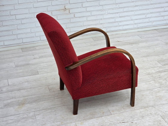 Image 1 of Sillón danés art déco de la década de 1950, tapizado en lana roja original y madera de haya.