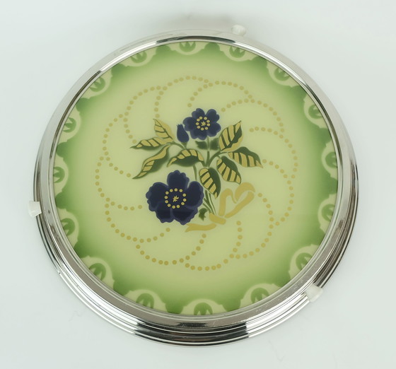 Image 1 of 1930er drehbare Tortenplatte Glas-Chrom-Tortenplatte mit Blumendekor