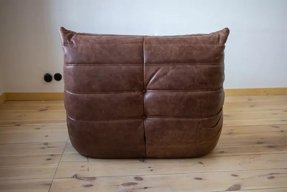 Togo fauteuil + voetenbank set in pull-up leer – walnootbruin | Michel Ducaroy | – Michael Ducaroy, Leather (photo 3 of 10)