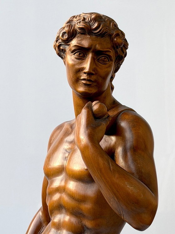 Michelangelo David Sculture in Legno Intagliate a Mano 65 cm Statua Vintage Foglia di Fico (photo 2 of 23)