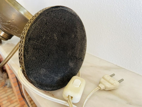 Image 1 of Art Deco Vintage Ornate Brass Table Lamp with Blue Glass Inserts, 1930s