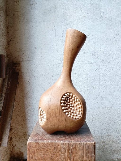 Large Vase/Bottle in Carved Solid Oak