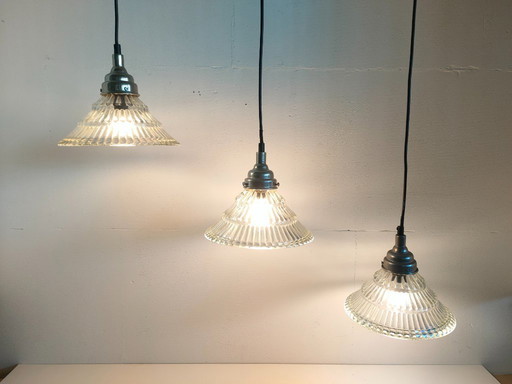 Set of 3 Glass Pendant Lights Holophane Style