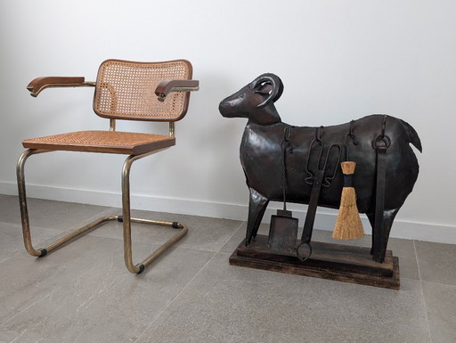 Brutalist Ram Shaped Fireplace Tool Set in Hand Forged Metal, Lalanne Style