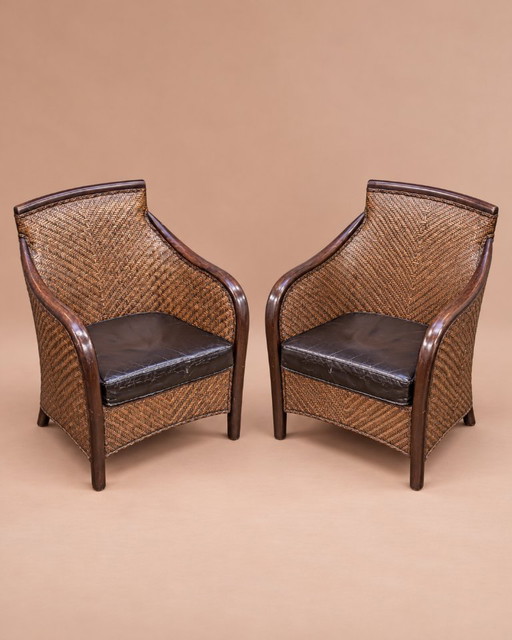Dos sillones vintage de mimbre y cuero