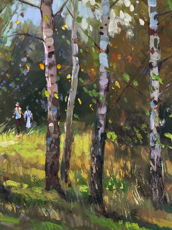 Image 1 of Peinture à l'huile originale, paysage naturel, prairie, promenade parmi les bouleaux