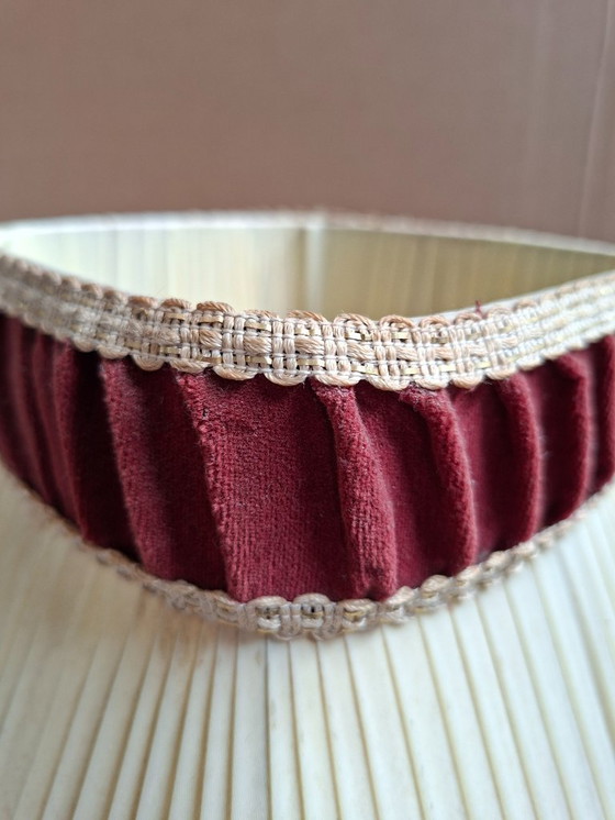 Image 1 of Vintage Hand-Painted Ceramic and Bordeaux Velvet Table Lamp