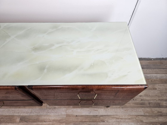 Image 1 of Vintage six-drawer mahogany burl dresser with glass top, 1960