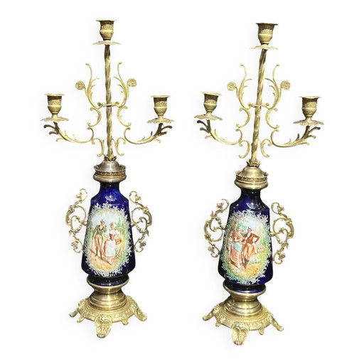 Coppia di candelabri. Bronzo, ottone, porcellana. – kandelaars en kaarsen, Bronze, Porcelain