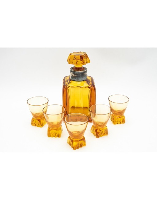 Crystal carafe and 5 glasses, WMF Germany, Art Deco.