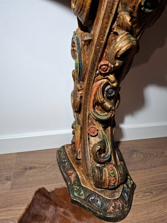 Image 1 of Antique Portuguese Gilded Console Table with Marble Top - 19th Century Carved Wood - Hand-Painted Polychrome Details - BGS Studi