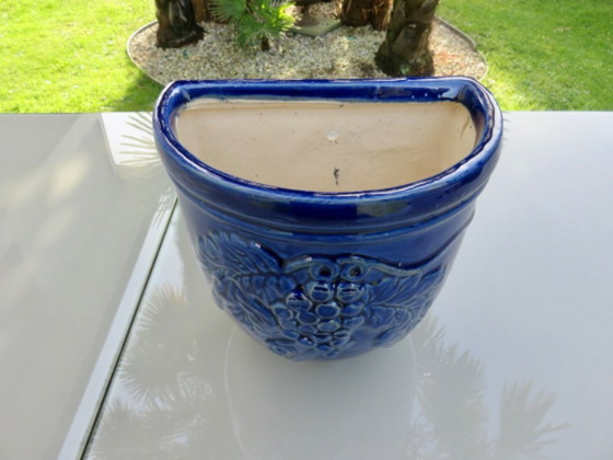 Image 1 of Wall-mounted flower pot with grape motif in glazed blue ceramic, 1970s