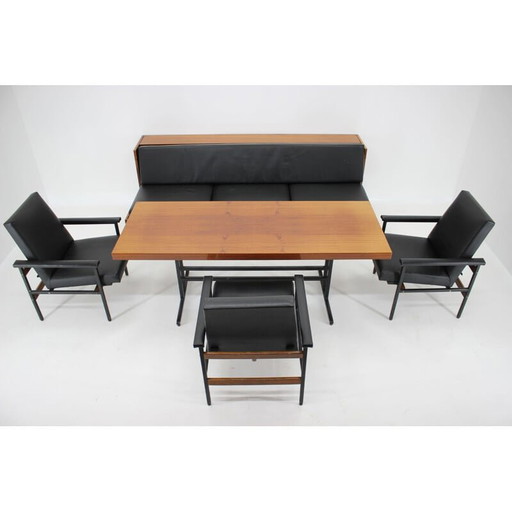 Vintage adjustable black leatherette living room set, Czechoslovakia 1970s