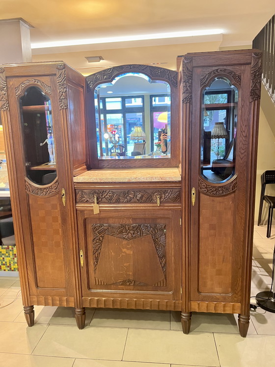Image 1 of Art Nouveau buffet with marble top, faceted mirror and 2 display cabinets made in Germany around 1910.