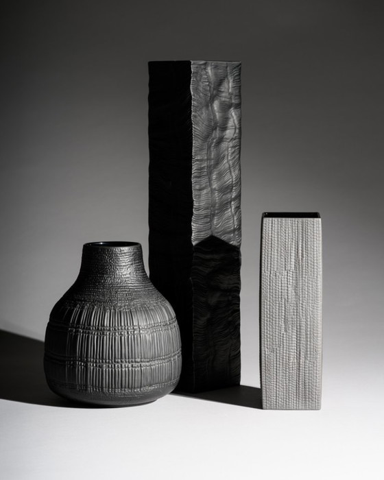 Image 1 of Black Porcelain Vase Trio Martin Freyer & Elsa Fischer-Treyden Rosenthal Op-Art