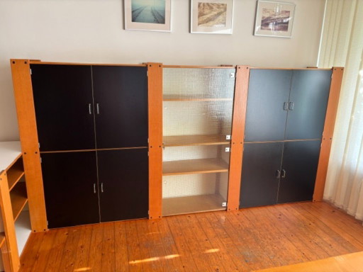 Modulares Schranksystem mit schwarzen Türen und Glasvitrine