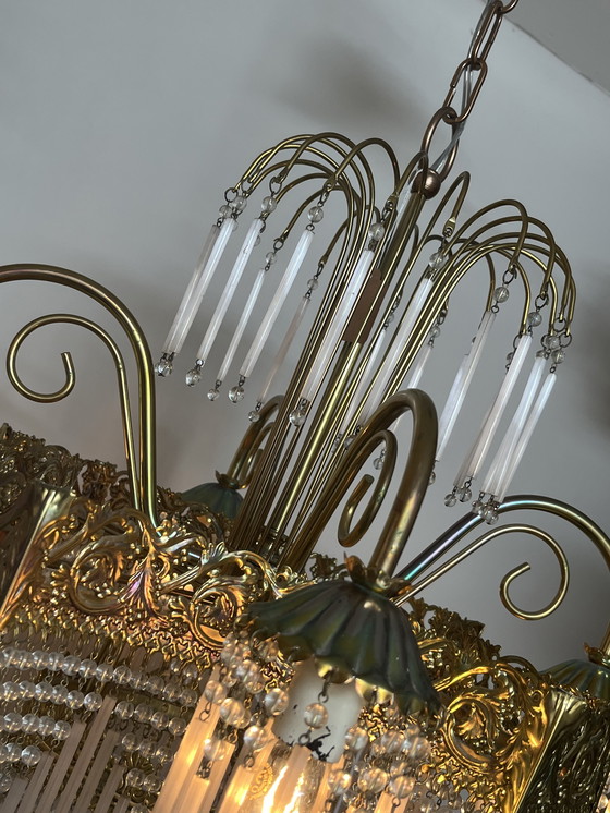 Image 1 of Vintage xl pink opaline rod chandelier pendant lamp art deco style
