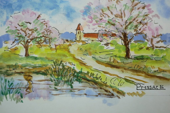 Image 1 of Small painting by Marcel Pressac - Spring landscape, dated and signed.