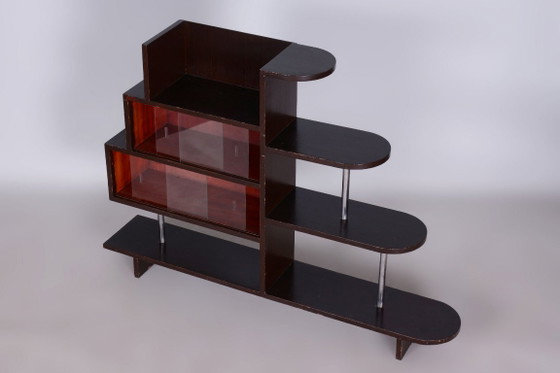 Restored Artdeco Étagère, Oak, Glass, Chromed Steel, Czech, 1930s – Display cabinets, Wood (photo 5 of 8)