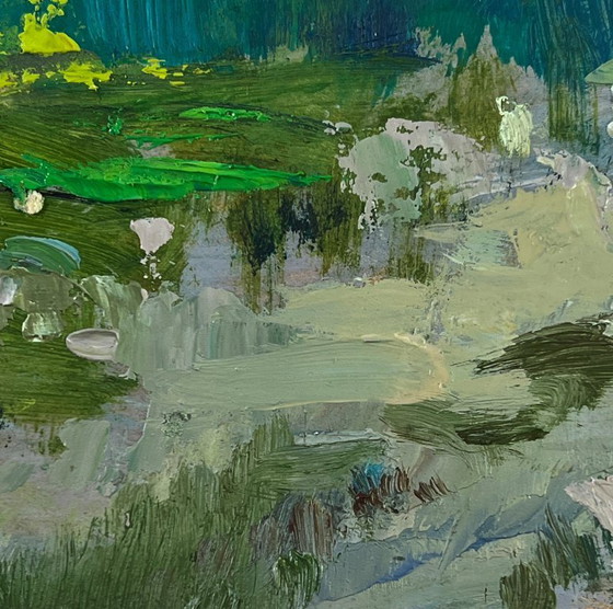 Image 1 of Original Oil Painting Summer Village Landscape Cows grazing peacefully by the river
