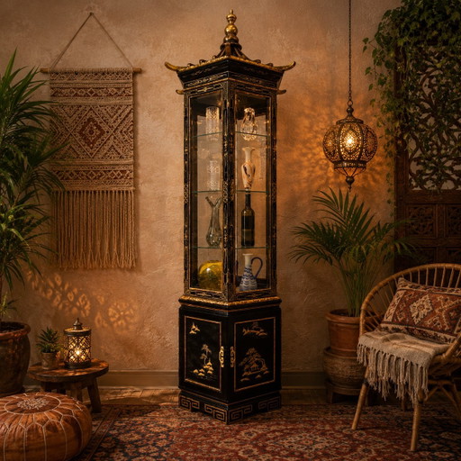 Vitrina china con techo de pagoda e iluminación (vitrina asiática, oriental, vitrina bohemia)