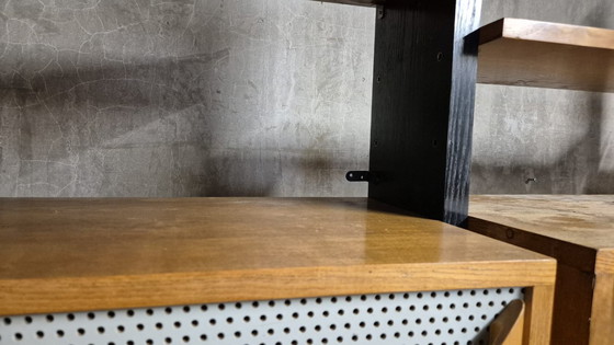 Image 1 of Vintage Czechoslovak Modular Wall Unit with Veneer Cabinets and Black Wooden Supports, 1960s–1970s