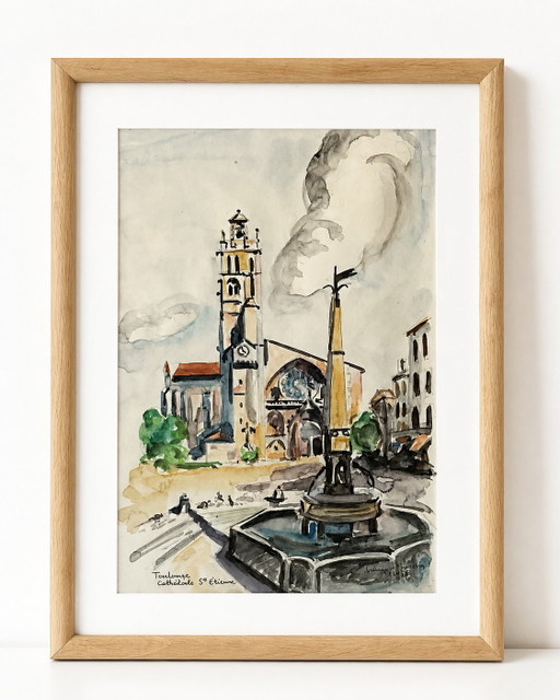 Originele aquarel van de kathedraal van Toulouse, Frankrijk – Françoise Grassin, 1956