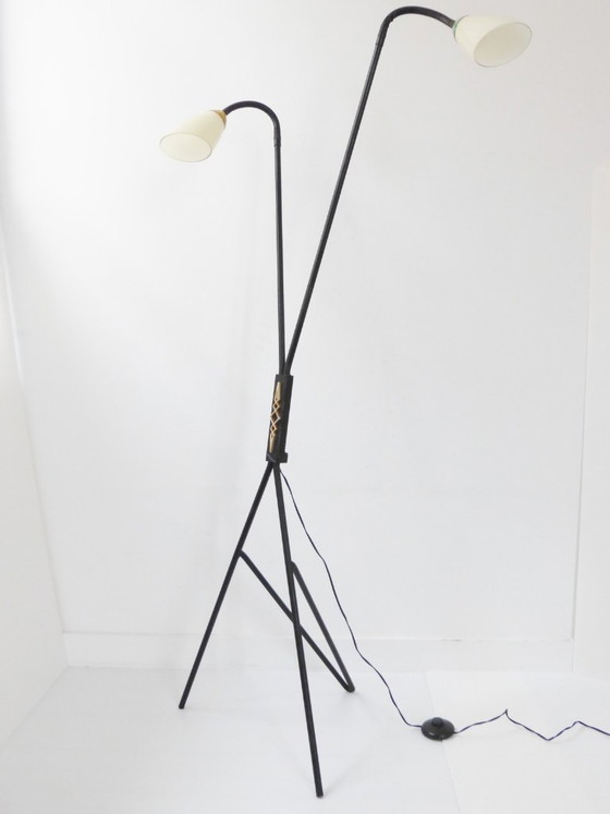Image 1 of PRACHTIGE DUBBELE LEESSTAANDE LAMP UIT 1950, VINTAGE FRANSE ROCKABILLY LAMP UIT DE JAREN 50