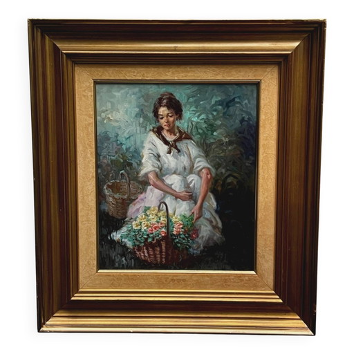 Retrato de una niña con flores, de Alfredo Mompo Roca. – schilderijen tekeningen, Canvas