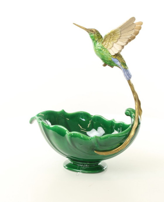 Image 1 of HUMMINGBIRD PLANTER JASMINE PORCELAIN + BRONZE ORMOLU BIRD BOWL SCULPTURE