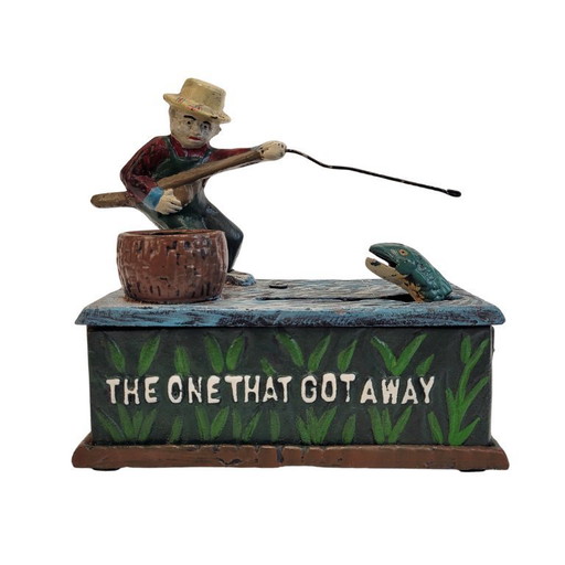 "Fisherman" piggy bank with fishing mechanism, cast iron, 1950s - USA.