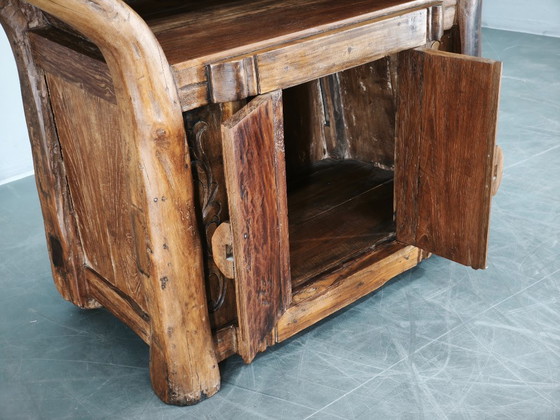 Console en Bois Massif Rustique Asiatique des Années 70, Buffet Primitif Sculpté à la Main, Marron (photo 9 sur 14)