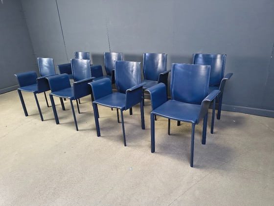 Image 1 of Sedie da pranzo postmoderne in pelle blu, Italia, anni '80, set di 8