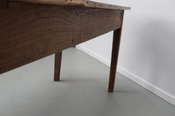 Image 1 of Antique French rustic farm table in light elm wood, 19th century