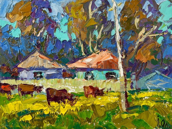 Image 1 of Original Oil Painting Summer Village Landscape The herd returns