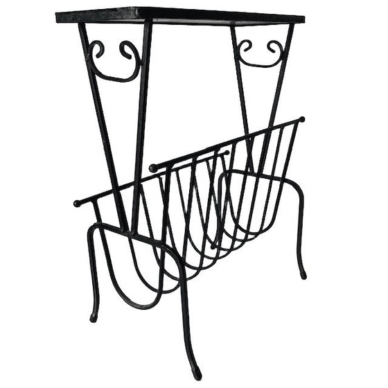Image 1 of Vintage mid-century reading table retro magazine rack tiles wrought iron 1960s