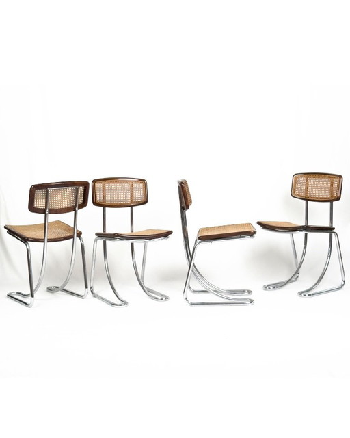 Juego de 4 sillas voladizas vintage en cromo, madera y paja vienesa, década de 1970.