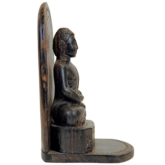Buda de madera de calamandro de Sri Lanka en Dhyana Mudra con aureola – Lote 756 – Esculturas (photo 4 of 8)