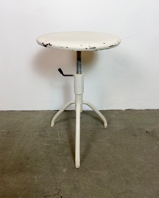White Industrial Iron Height Adjustable Stool, 1960s
