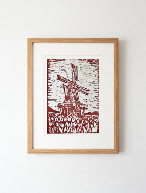 Grabado en linóleo de un molino de viento holandés | Tinta terracota, arte de campos de tulipanes (A4)