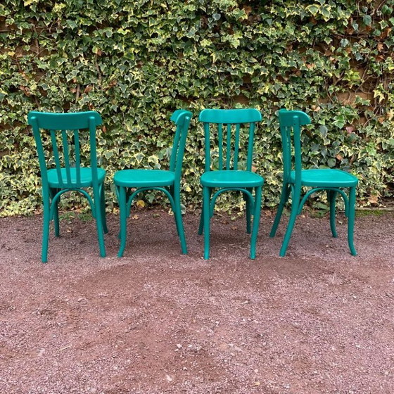 Set aus 4 grünen Bistrostühlen, Esszimmerstühle, Holz, Türkis, Vintage (Foto 10 von 15)