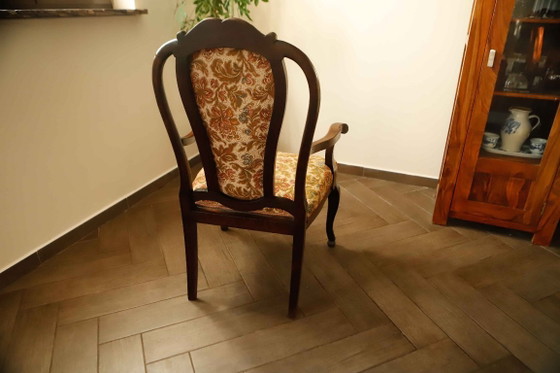 Image 1 of Antique Queen Anne Revival Carver Armchair with Floral Tapestry Upholstery 