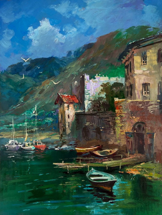 Image 1 of Original Oil Painting Summer City Landscape Coast with quiet houses