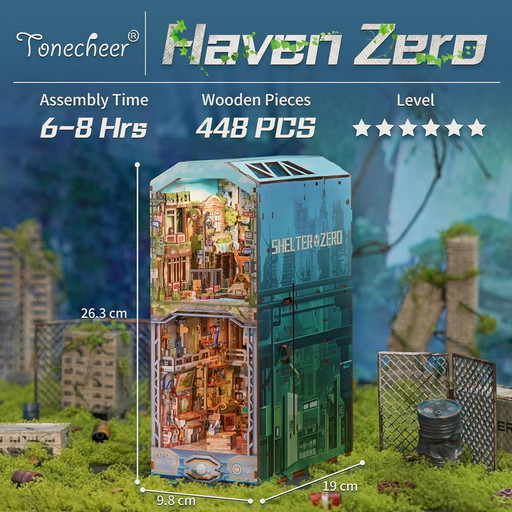 Tonecheer Book Nook Haven Zero Booknook avec Lumière LED Kit Maisons de Poupées DIY Maison Miniature Puzzle en Bois 3D pour Adul