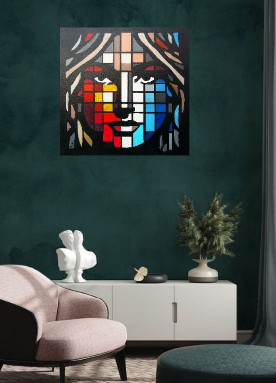 Image 1 of Abstract schilderij van de schilder 2Luss'Art – Geometrisch portret – 60 x 60 cm
